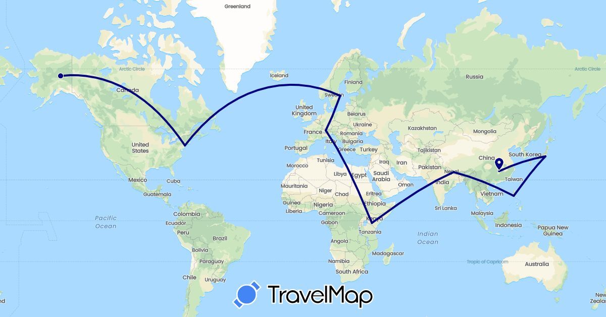TravelMap itinerary: driving in China, Germany, Japan, Kenya, Liechtenstein, Nepal, Philippines, Sweden, United States (Africa, Asia, Europe, North America)